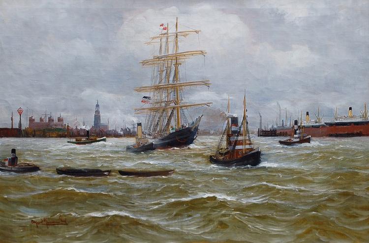 Alfred Jensen Dreimaster und Schlepper im Hamburger Hafen Norge oil painting art